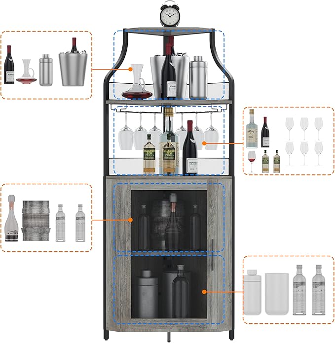 GarveeHome Corner Wine Cabinet with Detachable Wine Rack, 5-Tier Industrial Corner Bar Cabinet with Barn Door and Glass Holder, Farmhouse Buffet Cabinet and Home Bar, Grey