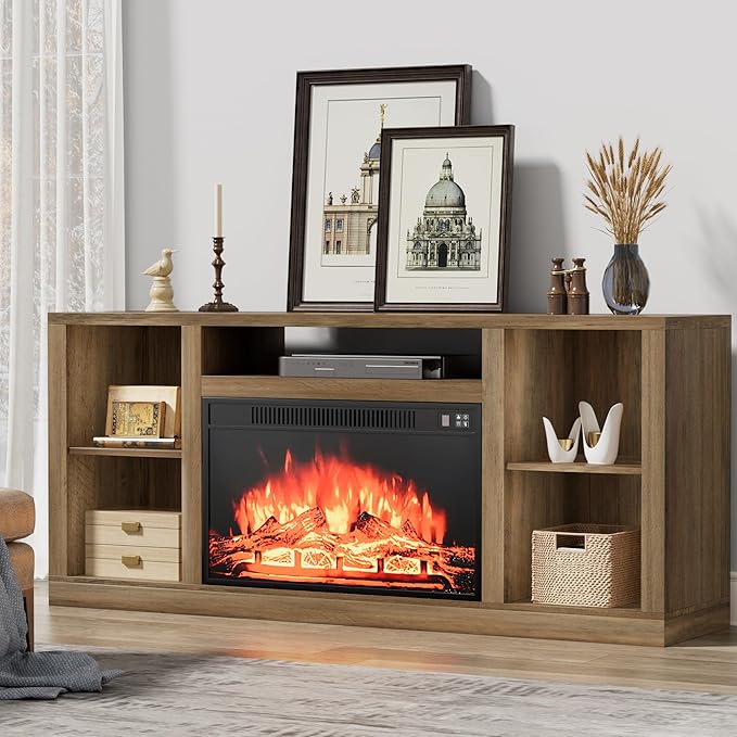 YESHOMY Electric Fireplace TV Stand for Televisions up to 65+ Inch, Media Entertainment Center Console Table with Four Open Storage Shelves & Cabinets, 58 Inch, Barnwood