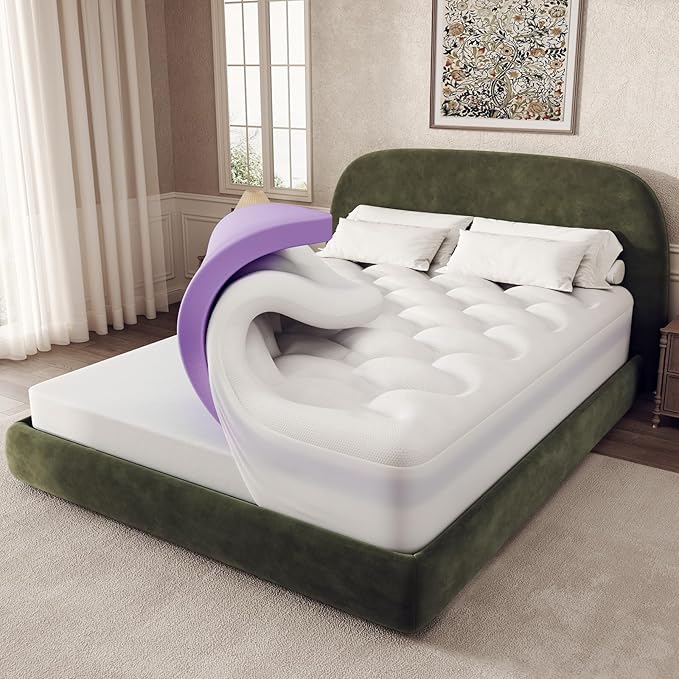 OhGeni Cooling 4 inch Dual Layer Queen Mattress Topper, 2 inch Cooling Gel Memory Foam, 2 inch Down Alternative Pillow Top Pad, Mattresses Cover for Bed, Medium Support, Fits 6”-19” Deep Pocket,Purple