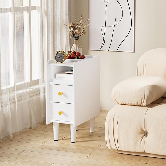 Huolewa Narrow Nightstand with 2 Drawers - Solid Wood Narrow Side Table with Open Shelf for Small Spaces, Couch, Bedroom, Living, Office - Small Bedside Table, End Tables (White, 7.87 inch)