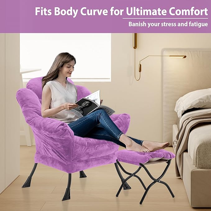 Lazy Chair with Folding Ottoman, Accent Chair Plush Upholstered with Metal Structure and Non-Slip Pads, Sofa Armchair with Footrest and Side Storage Bag for Dorm, Room, Office, Purple