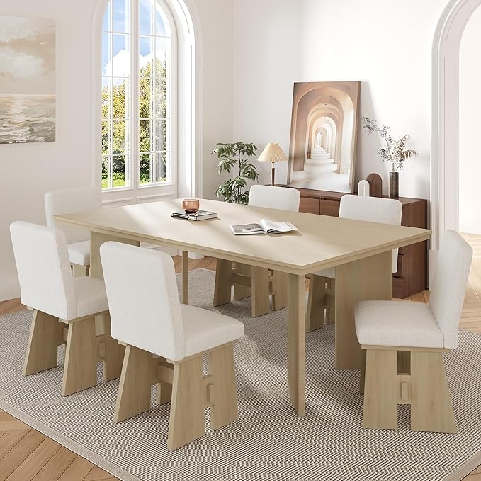 Ball & Cast Modern 7-Piece Dining Table Set with 6 Upholstered Chairs,Wood Tables Sets w/Space-Saving Design,Kitchen Furniture Suitable Big Family Gatherings,Natural