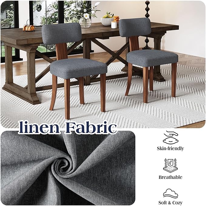 Mid Century Modern Dining Chairs Set of 4, Linen Upholstered Kitchen Chairs with Curved Backrest & Adjustable Legs for Living Room/Lounge, Easy to Install, Grey Linen