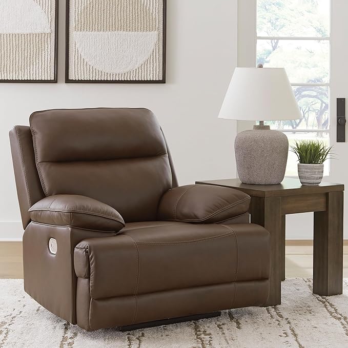 Signature Design by Ashley VonRyan Modern Zero Gravity Leather Match Power Recliner with Adjustable Headrest and USB Ports, Dark Brown