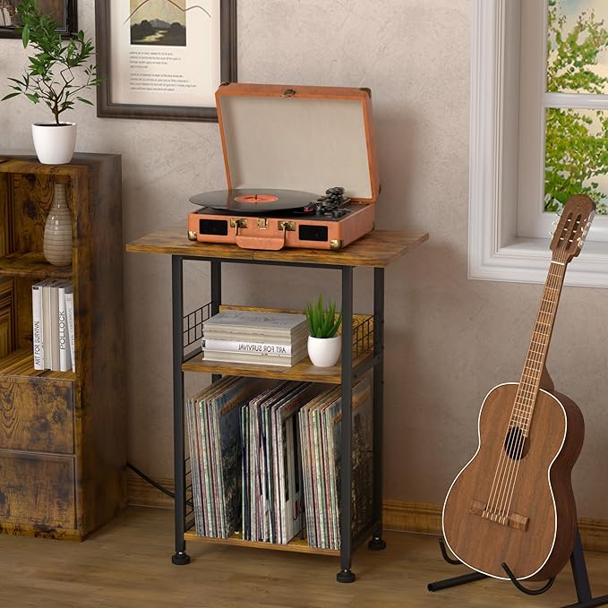 Record Player Stand with Charging Station, 3 Tier Turntable Stand with Storage Cabinet, Vinyl Storage End Table Hold Up to 200 Albums, Record Table for Vinyl, Living Room, 23.6" W x 15.7" D