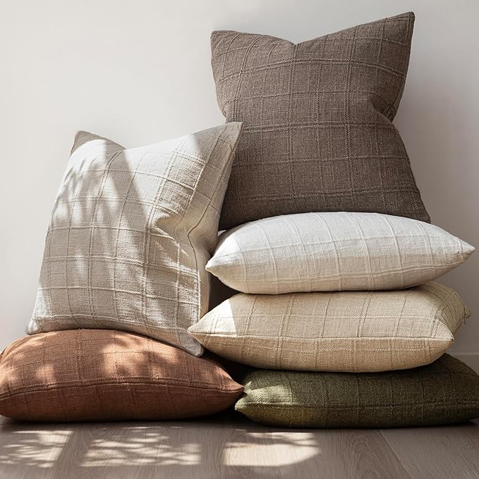 Foindtower Set of 2 Decorative Linen Check Throw Pillow Covers Neutral Farmhouse Vintage Cushion Covers Modern Boho Home Decor for Sofa Chair Couch Bedroom Living Room Outdoor,24×24 Inch,Taupe Grey