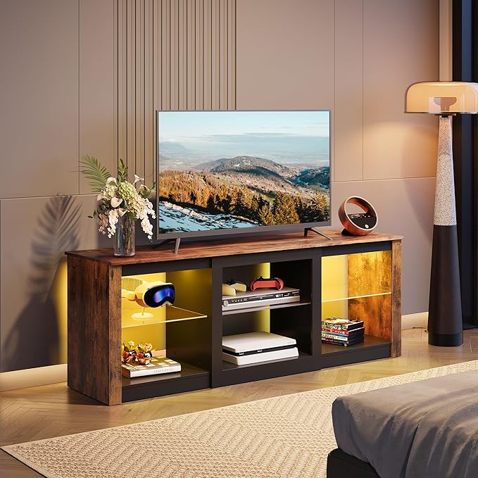 WLIVE LED TV Stand for 65 Inch TV, Modern Entertainment Center with Adjustable Glass Shelves & Customizable LED Lights, Sturdy Media Console for Living Room, Bedroom,Gaming (Brown)
