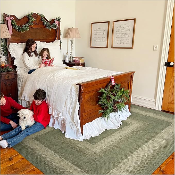 Homespice Grassland Jute Braided Green Area Rug 4x6' - Rustic Braided Area Rug for Living Room and Dining Room