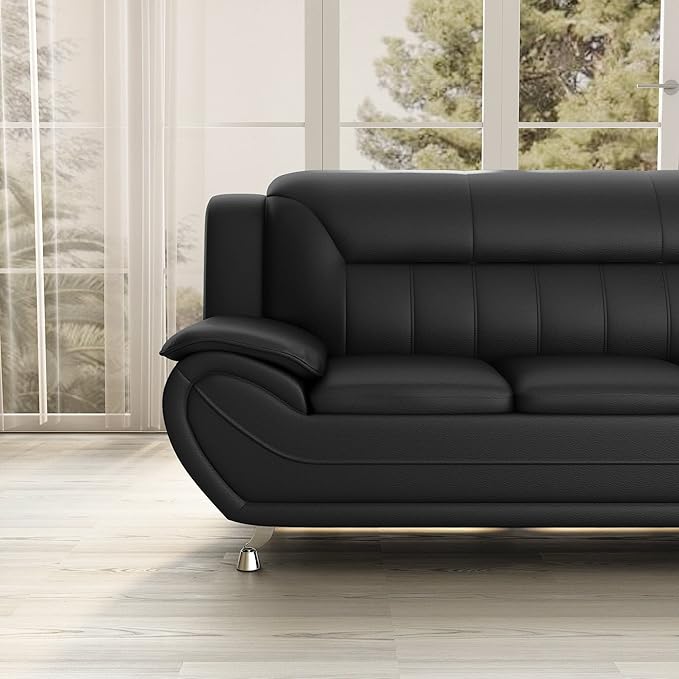 Container Furniture Direct Michael Modern Faux Leather Upholstered Stainless Steel Legs Living Room Sofa, Midnight Black