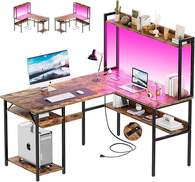 L Shaped Computer Desk with Hutch and Storage Shelves, Gaming Desk with LED Lights, Reversible L-Shaped Desk with Power Outlets, Home Office Desk, Corner Desk, Rustic Brown