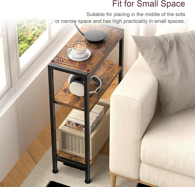 Narrow Side Table for Small Space, 3-Tier Small End Table with Shelf Holder, Slim Nightstand, Skinny Snack Couch Table in Living Room, Bedroom, Study, Kitchen and Balcony（Rustic Brown