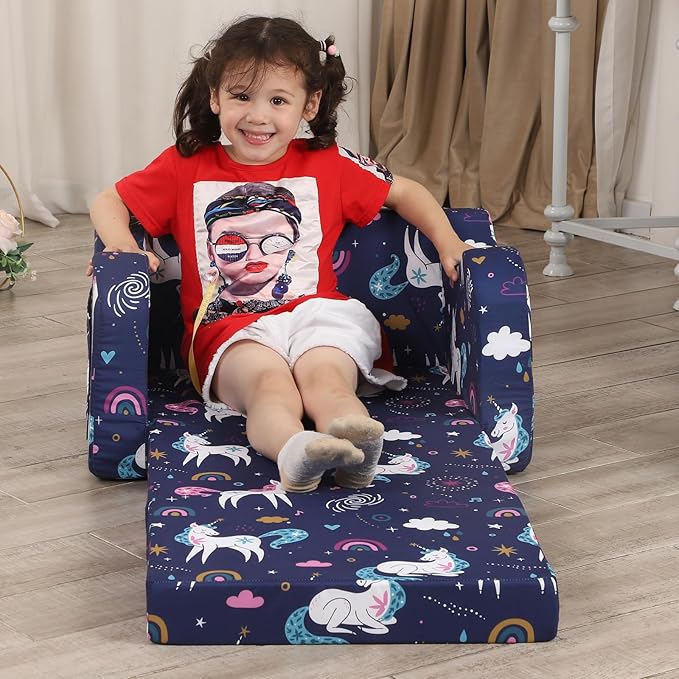 Rainbow Unicorn Kids Sofa, 2-in-1 Kids Couch Fold Out, Convertible Sofa to Bed for Girls and Boys