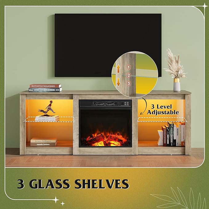 WLIVE 58 Inches Fireplace TV Stand with LED Lights, Modern Entertainment Center with 18'' Electric Fireplace & Adjustable Glass Shelves, Sturdy Media Console for Living Room, Bedroom (Grey Oak)