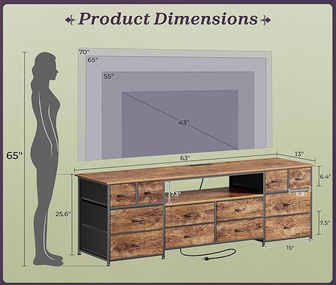Huuger 63 Inch Dresser TV Stand with LED Lights, Power Outlets and USB-C Port, 12 Fabric Drawer Dresser for Bedroom, Entertainment Center for 65, 70 Inch TV, Media Console, Open Shelf, Rustic Brown