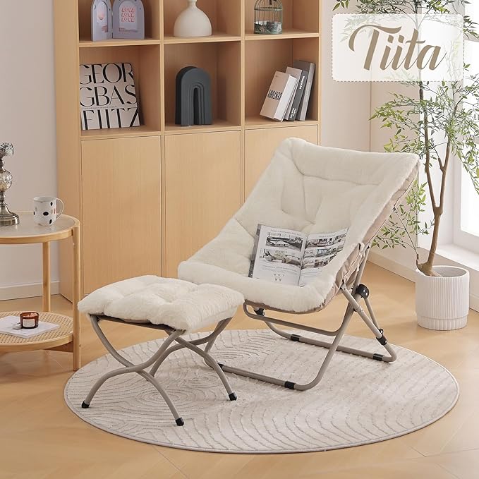 Tiita Folded Chair with Ottoman, Soft Faux Fur Oversized Folding Accent Chair,Lounge Lazy Chair, Metal Frame Moon Chair for Bedroom, Living Room, Dorm Rooms, Garden and Courtyard