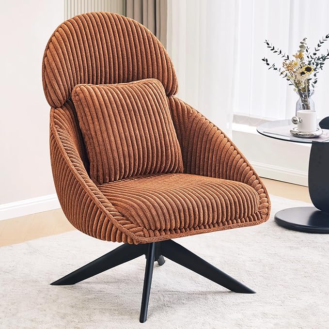 Furniliving Large Swivel Accent Chair Modern Arm Chair Sofa Chair with Pillow Living Room Chair Bedroom Chair with Headrest Comfy Desk Chair Upholstered Chairs for Rest Room, Corduroy, Orange