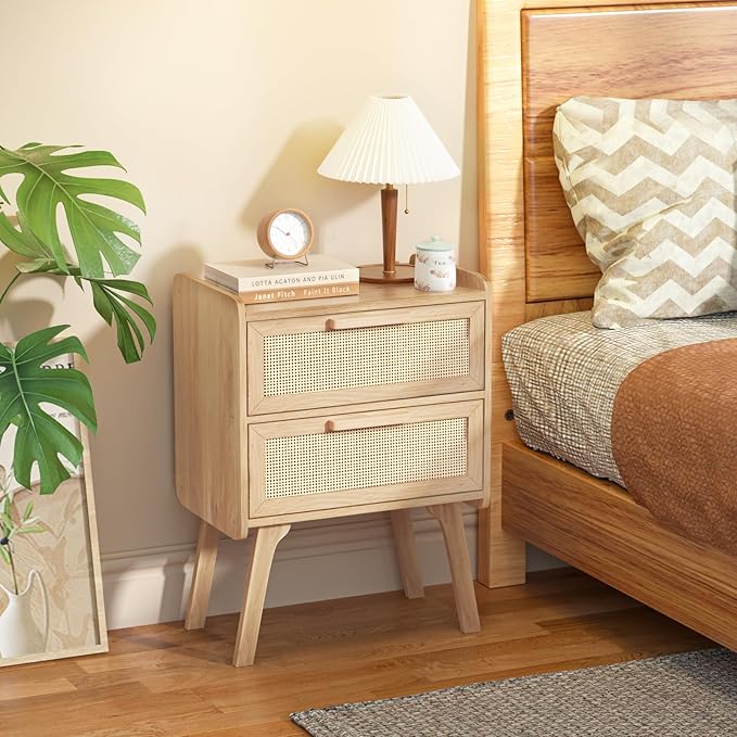 Lerliuo Rattan Nightstands Set of 2, Boho Night Stand with 2 Drawers, Cane Accent Side End Table, Bedside Table with Solid Wood Legs for Bedroom, Dorm and Small Spaces (Natural)