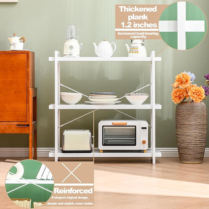 HCHQHS Bookshelf, 3-Tier Industrial Bookcase, White Open Book Shelf, Freestanding Horizontal Bookshelves with Metal Frame