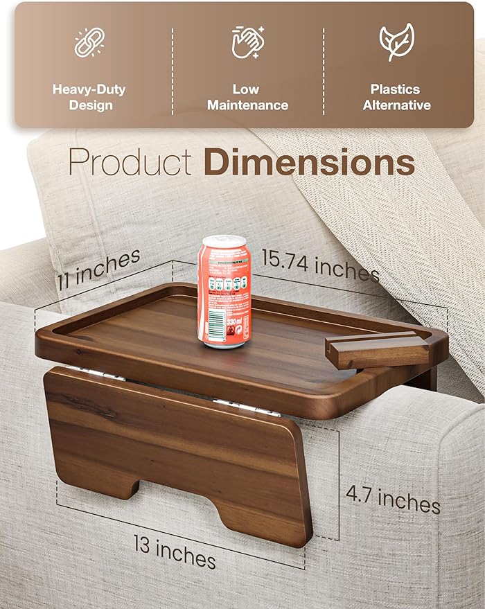 HOLANA 15.75" Acacia Couch Armrest Table - Wood Couch Arm Tray with Phone Holder – Sofa Side Table, Armchair Caddy, Sofa Arm Table for Home Sofa Living Room (Walnut)