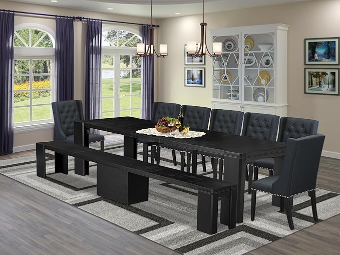 X07FO-B06-24 - 9-piece Dining Room Table Set a Rectangular Dining Table and a wooden Bench and 7 Black Linen Fabric Kitchen Chair, 39x120 Inch, Wire Brushed Black