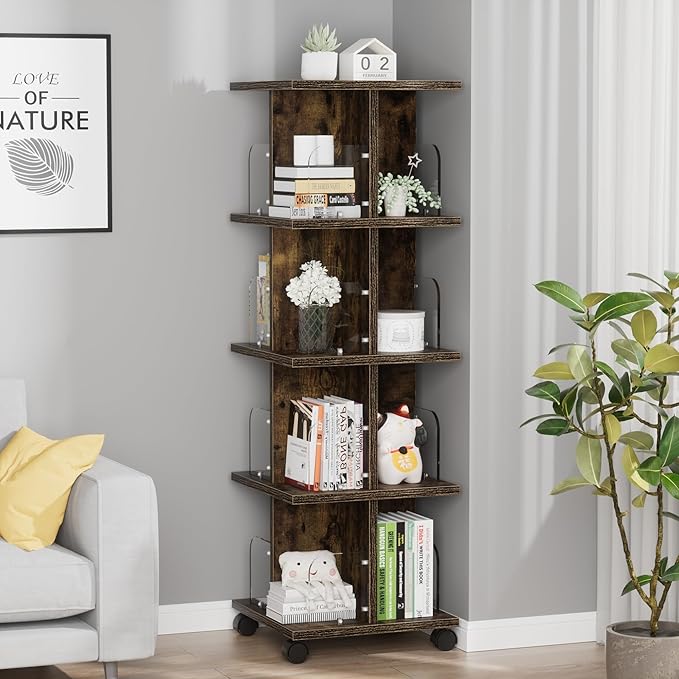 VECELO 4-Tier Rotating Bookshelf, Modern Swivel Bookcase for 360°Display,Stackable Square Book Shelves Floor-Standing Storage for Home Office, Solid Wood, Smooth Spinning, Brown