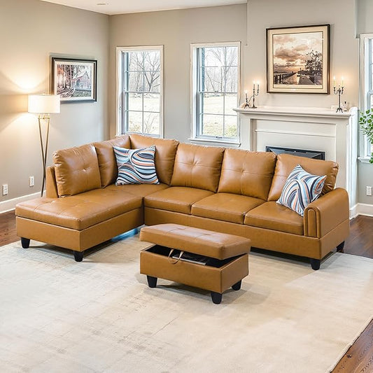 NicBex Sectional Couch 3 Pieces Sofa Set with Right Chaise Faux Leather L Shaped Cloud Couch for Living Room Furniture Sets with Storage Ottoman, Modular Sofa for Living Room & Apartment, Ginger