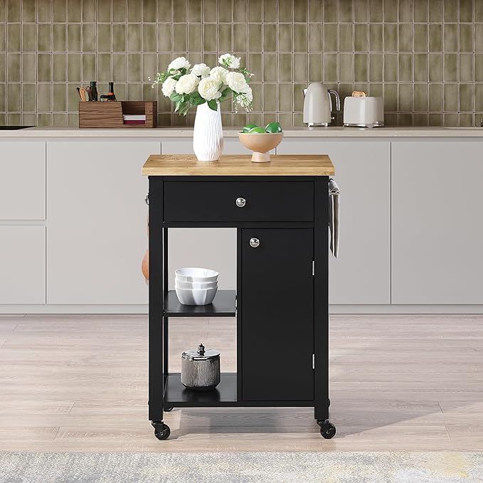OSP Home Furnishings Derry Modern Farmhouse Kitchen Cart with Natural Butcher Block Top, Rolling Storage Cabinet with Drawer, Shelves, Hooks, Black Finish