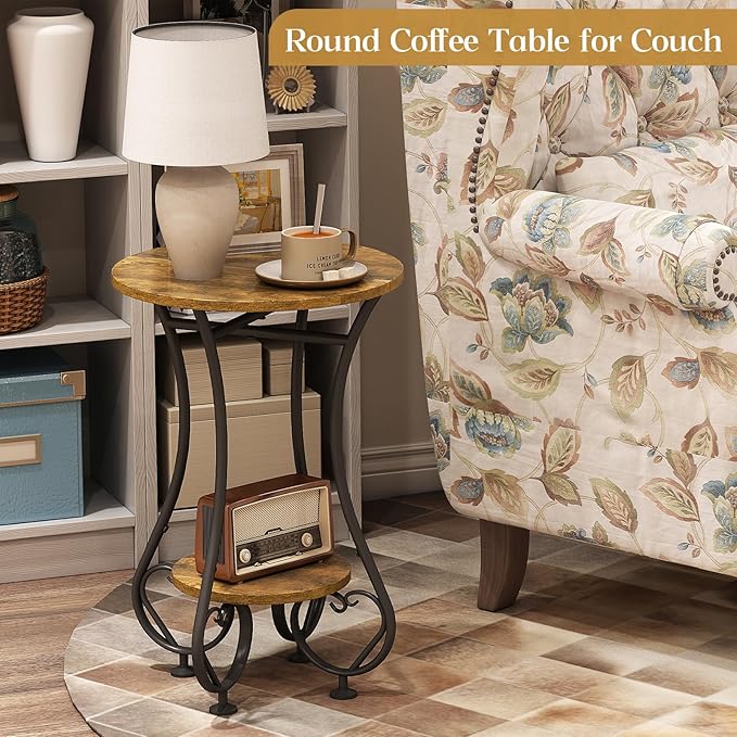 Side Table,Small Round End Table with Lower Shelf for Small Spaces,Round Bedside Nightstand Table with Metal Frame,Couch Sofa Coffee Tea Table,Retro Accent Drink Table for Living Room Bedroom Balcony