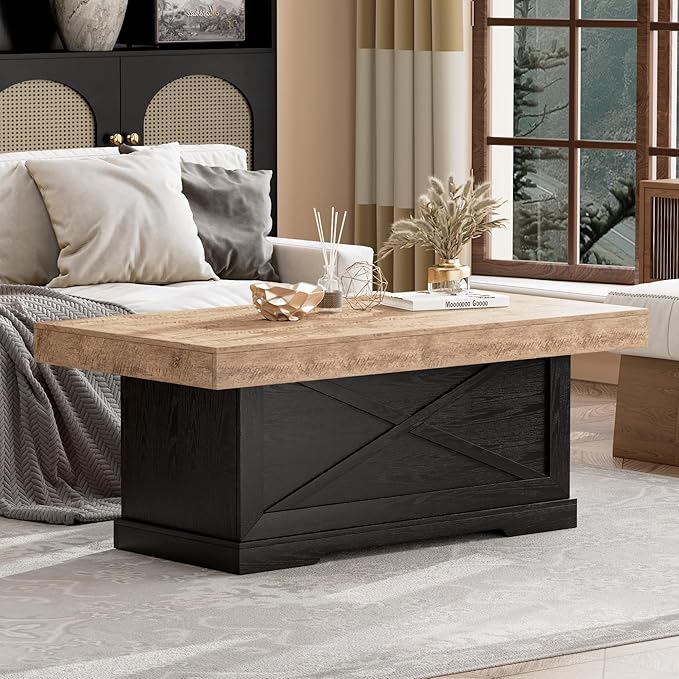 Coffee Table 39 in Rustic Center Table with X-Design Wooden Pedestal for Living Room, Space Saving, Easy Assembly Rectangle Home Office Tea Accent Table for Apartment, Dark Oak Black