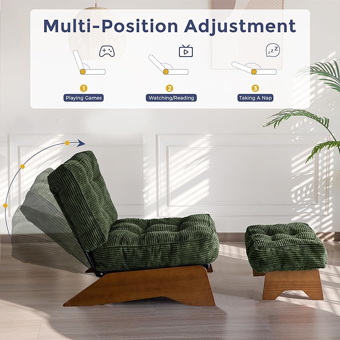 MAXYOYO Accent Chair with Ottoman Adjustable Backrest, Tufted Living Room Chair Upholstered Lounge Chair with Footrest Set, Modern Chair Cozy Reclining Chair for Reading Room, Green