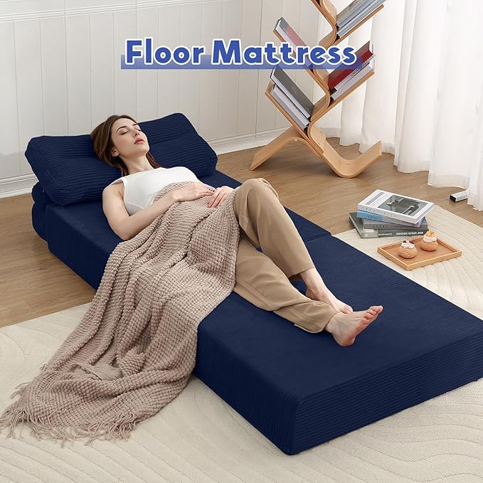 MeMoreCool Instant Guest-Ready Comfort — Convertible Folding Sofa Bed Chair with Pillow for Small Spaces & dorms, Removable Machine-Washable Cover, no Assembly, Space-Saving Floor futon, Navy