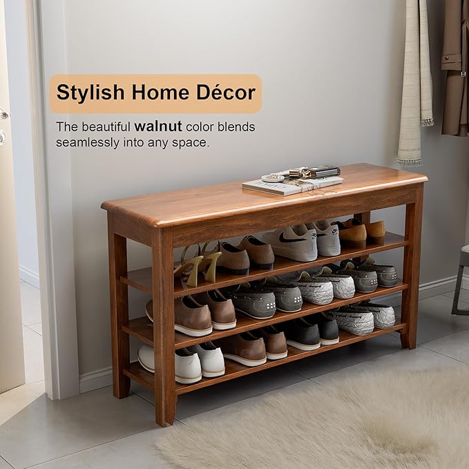 Shoe Storage Bench for Entryway - 4 Tier Shoe Rack for Front Door Entrance, Rubberwood Shoes Rack Height Adjustable, Entryway Bench with Shoes Storage for Any Room (Walnut, 39.4" W)