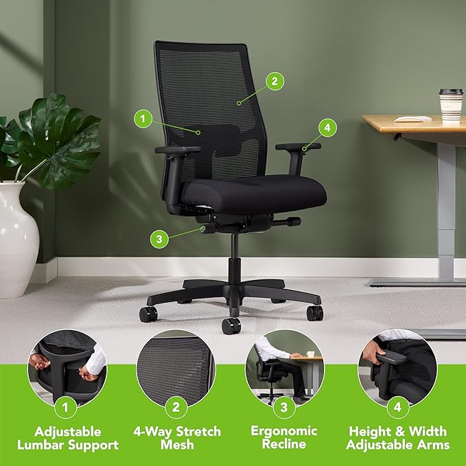 HON Ignition 2.0 Ergonomic Office Chair, Adjustable Tilt, Swivel Wheels, Comfy for Long Hours, Home Office Desk Chairs, Blue