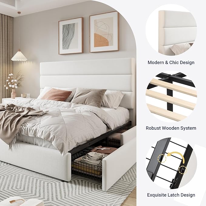 Allewie Modern King Size Platform Bed Frame with 4 Storage Drawers and Velvet Upholstered Headboard, Wooden Slats Support, Upholstered Mattress Foundation/No Box Spring Needed/Easy Assembly, White