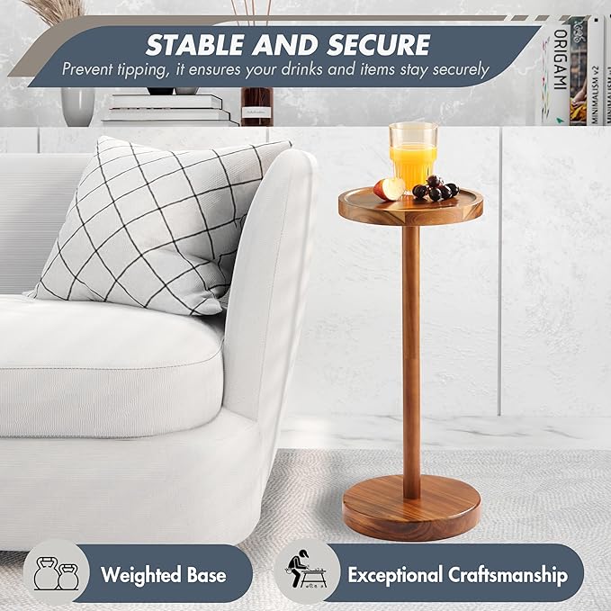 Pedestal Side Table, Acacia Drink Table with Weighted Base, Small Round Side Table for Small Spaces with Phone Holder, Martini & Cocktail Pedestal End Table for Living Room, RVs, Home Office