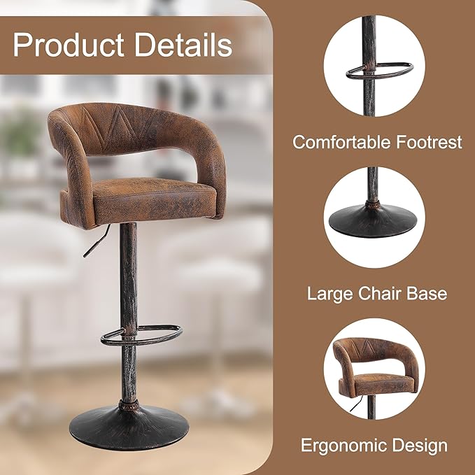 VECELO Bar Stools Set of 2 Adjustable Swivel Modern Pu Leather Barstools, Counter Bar Stools with Back and Arms, for Kitchen, Bar (Dark Brown)