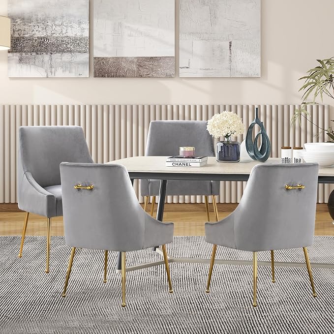 Velvet Dining Chairs Set of 2, Furniture Collection Modern Contemporary Upholstered with Polished Gold Metal Legs(Light Grey)