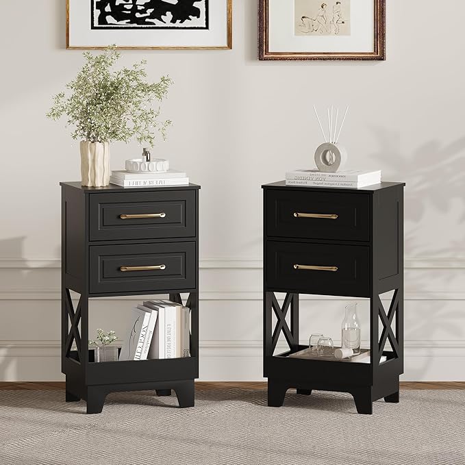 Tall Nightstand Set of 2 Side Table with 2 Drawers Modern Night Stand Wooden End Table Bedside Table with Below Open Shelf Solid Feet for Bedroom, Living Room, Black