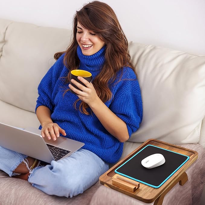 SINWANT Couch Arm Table, Acacia Wood Sofa Arm Rest Tables Couch Armrest Table with 360° Phone Holder,Portable Sofa Armrest Tray for Drink Snacks