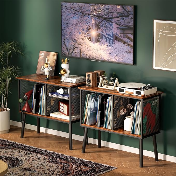 Record Player Stand with Adjustable Divider, Vinyl Storage Holder Up to 200 Albums, Mid-Century Large Record Player Table, Vinyl Holder Turntable Stand End Table Storage Rack for Bedroom & Living Room