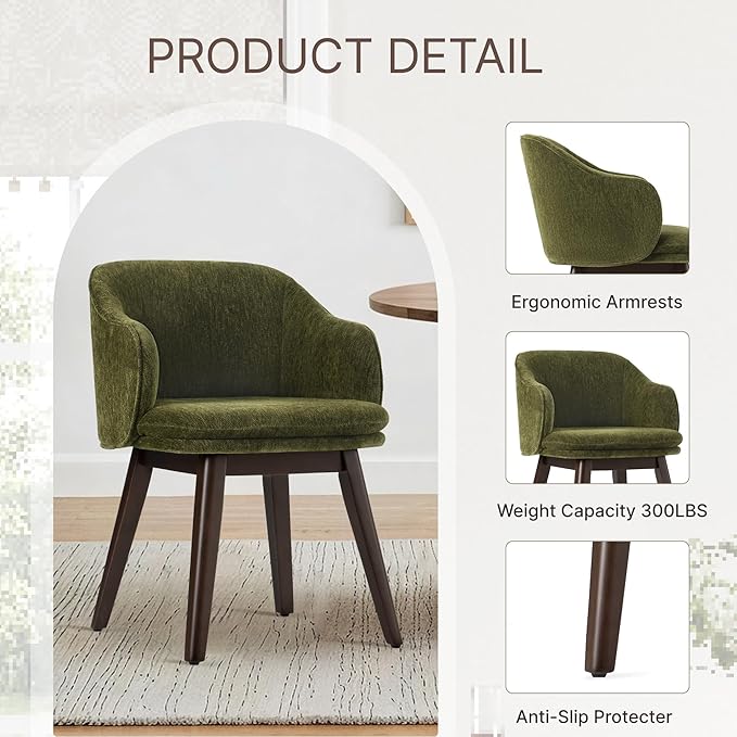 Wooden Dining Chairs Set of 2, Fabric Upholstered Modern Dining Room Chairs with Barrel Backrest & Double-Layer Thick Cushion for Living Room, Restaurant, Kitchen and Café, Green