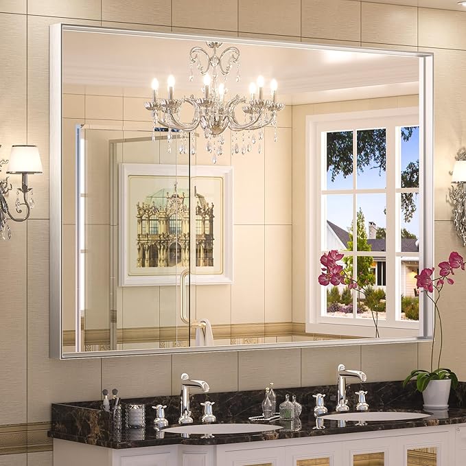 Keonjinn Silver Bathroom Mirror 60” x 40” Large Wall Rectangle Mirror for Bathroom Square Corner Metal Framed Farmhouse Mirror Decorative Rectangular Vanity Mirror for Over Sink(Horizontal/Vertical)