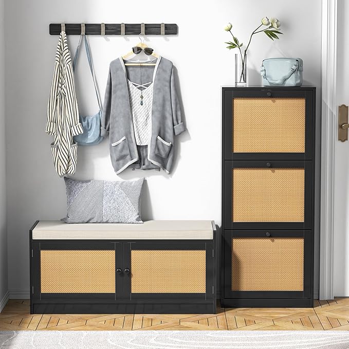 Rattan Shoe Cabinet 3-Tier, Narrow Shoe Cabinet with 3 Flip Drawers and Adjustable Shelves,Entryway Black Shoe Organizer with Removable Shelves for Hallway, Entrance