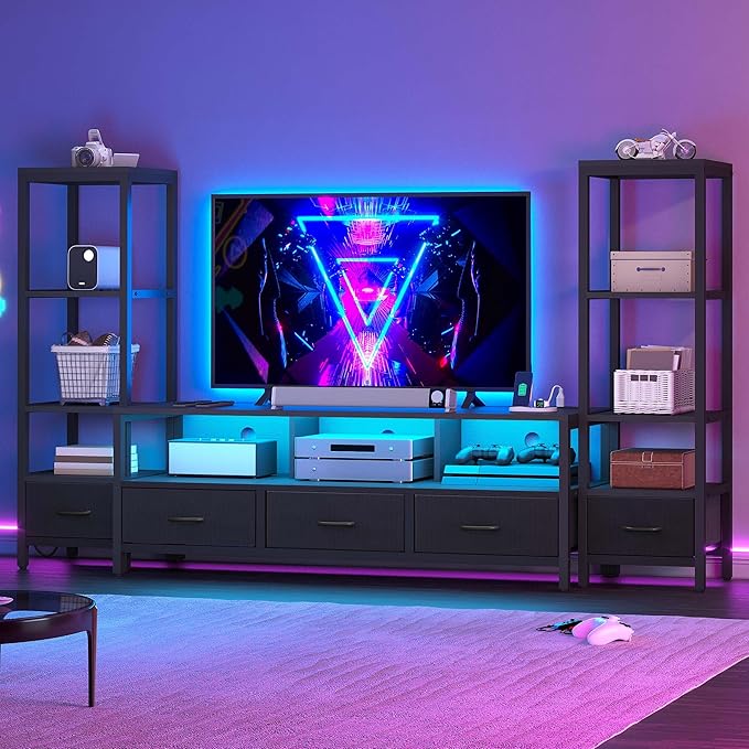 DWVO Entertainment Center with Bookshelves, LED TV Stand for 65/60 inch TV, Black TV Stand for Living Room with 2 Modern 4-Tier Bookshelves & Power Outlets, Black