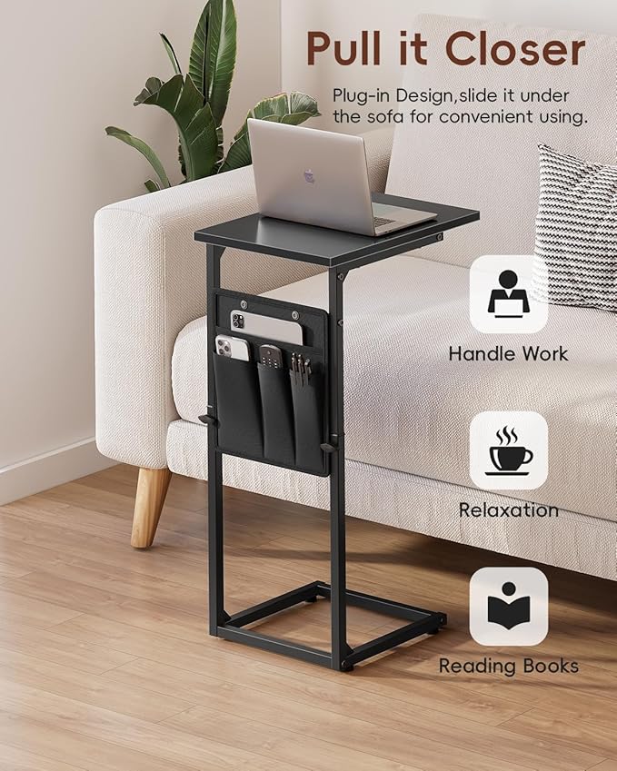 VAGUSICC C Shaped End Table, 33"Tall Side Table for Couch, Adjustable Height Sofa Table Small Couch Side Tables, Laptop Recliner Tables Slide Under Sofa TV Tray Arm Table for Living Room Bedroom,Black