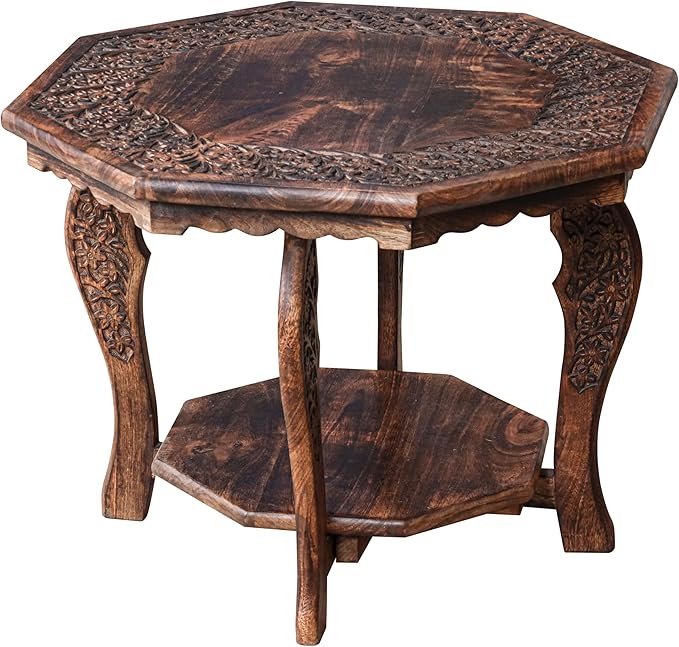 The Wooden Town Farmhouse Octagon Accent End Table, Rustic Side Table Nightstands for Living Room, Bedroom, Foldable Coffee Tables with Carving, Wood Tray Top, Handcrafted Finish, 24"x24"x18" - Burnt