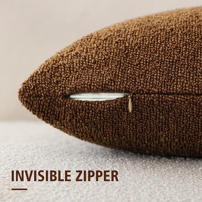 Foindtower Pack of 2 Modern Textured Boucle Throw Pillow Covers Accent Solid Decorative Pillow Cases Cozy Woven Couch Cushion Case for Chair Sofa Bedroom Living Room Home Decor 20x20 Inch Hazel Brown