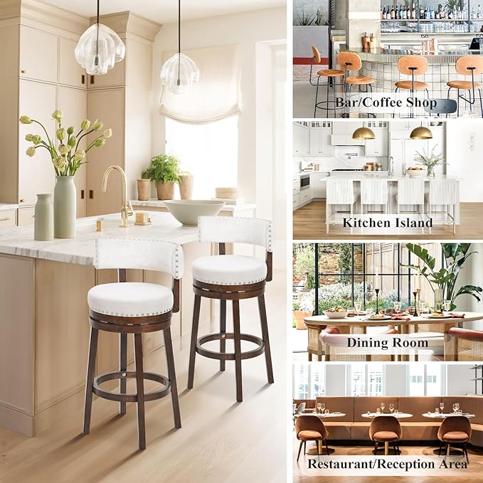 COLAMY Swivel Bar Stools Set of 2, 30 Inch Swivel Bar Height Bar Stools, Wood Swivel Barstools with Back, Modern Upholstered Wooden Barstools for Kitchen Island Dining Room Bar, Beige