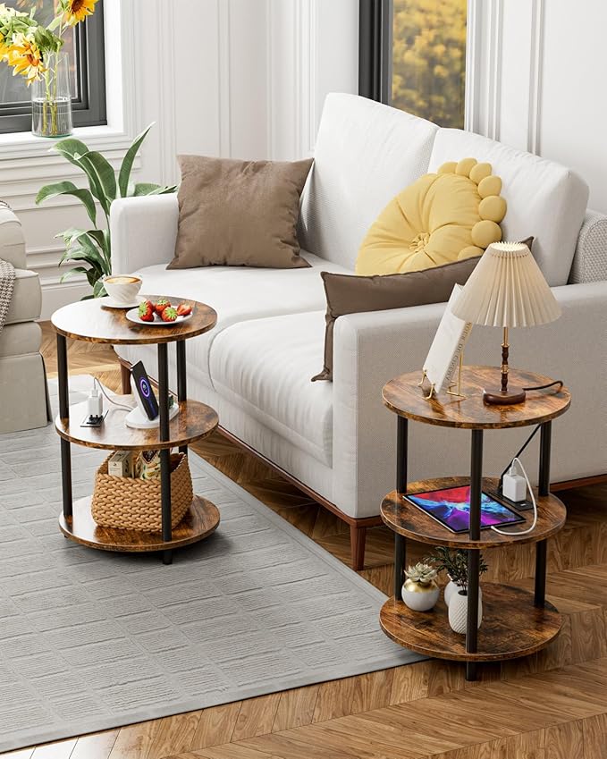 Small Round End Table - 3 Tier Design Accent Table, Narrow Side or Bedside Stand, Industrial Vintage Table for Small Spaces, Built-in USB Ports and Power Outlet, Rustic Brown