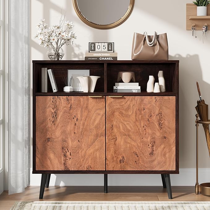 GarveeHome Buffet Cabinet with Drawers, 31.5'' Large Sideboard Buffet Credenza Storage Cabinet with Shelves and Doors, Coffee Station Cabinet with Metal Handle, Robot Vacuum Friendly (Walnut)